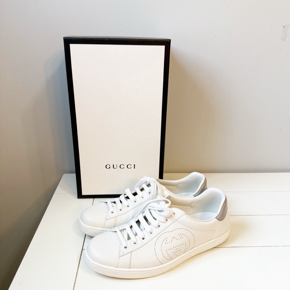Men's Gucci New Ace Perforated Logo Sneaker White Grey Size US 9.5